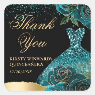 Teal and Gold Glitter Dress Glam Roses Quinceanera Square Sticker