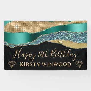 Teal and Gold Glitter Glam Edge Sweet Sixteen Banner