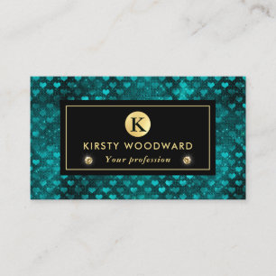 Teal  and Gold Glitter Glam Hearts Pattern Business Card