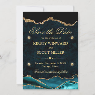Teal and Gold Glitter Marble Agate Save the Date