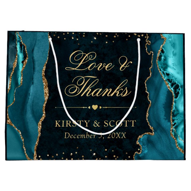 Teal and Gold Glitter Marble Agate Wedding Large Gift Bag (Back)