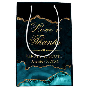Teal and Gold Glitter Marble Agate Wedding Medium Gift Bag