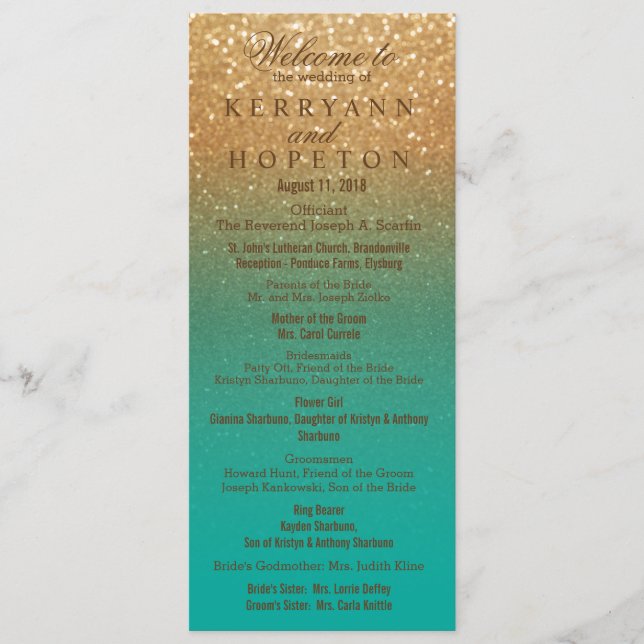 Teal and Gold Glitter Wedding Ceremony Program Programme (Front)