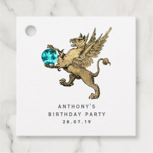 Teal and Gold Griffon Damask Aquamarine Gemstone Favour Tags