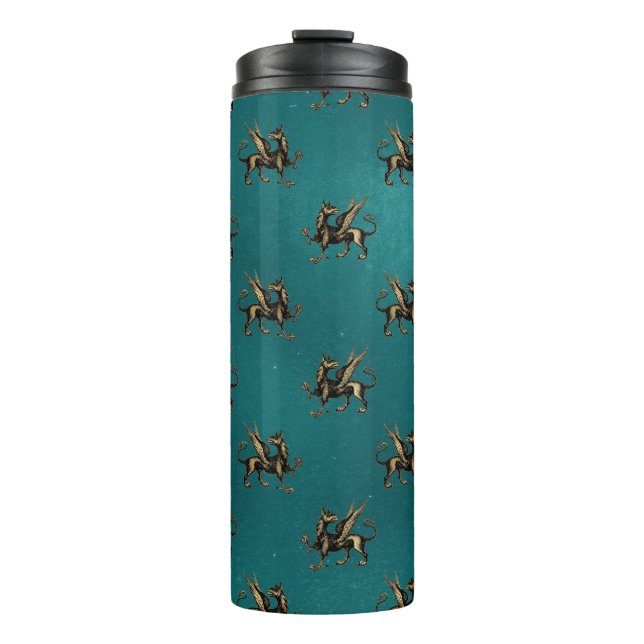 Teal and Gold Heraldic Griffon Thermal Tumbler (Front)
