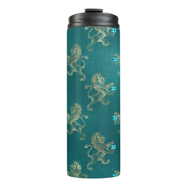 Teal and Gold Heraldic Lion and Aquamarine Gem Thermal Tumbler (Front)