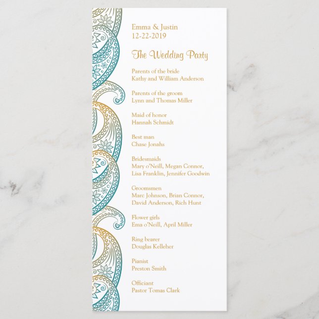 Teal and Gold Indian Paisley Rackcard Programme (Front)