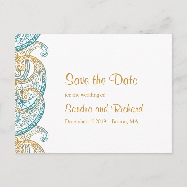 Teal and Gold Indian Paisley Save the Date Announcement Postcard (Front)
