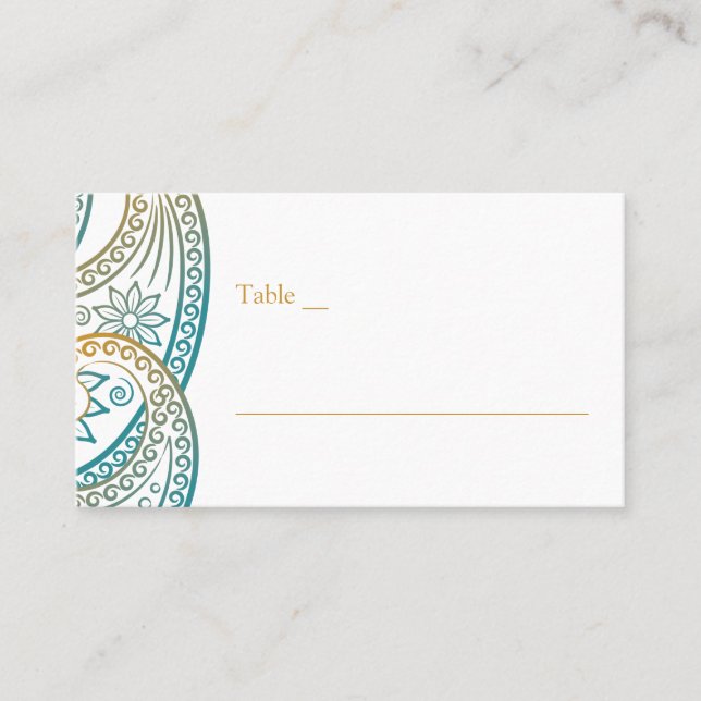 Teal and Gold Indian Paisley Wedding Place Card (Front)