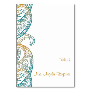 Teal and Gold Indian Paisley Wedding Place Card