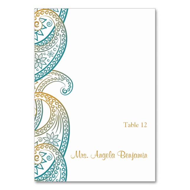 Teal and Gold Indian Paisley Wedding Place Card (Front)