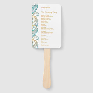 Teal and Gold Indian Paisley Wedding Program Hand Fan