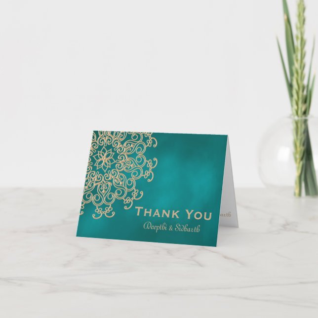 TEAL AND GOLD INDIAN STYLE WEDDING THANK YOU CARD (Front)