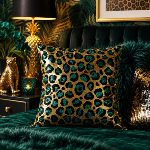 Teal and Gold Leopard Print Animal Pattern Cushion