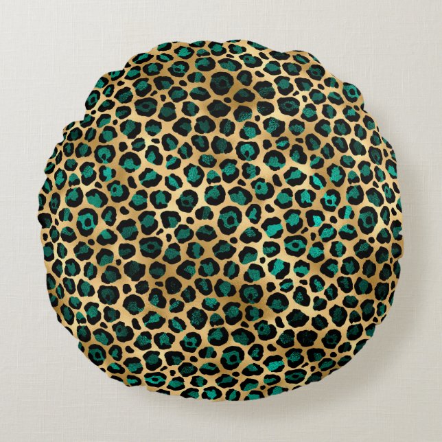 Teal and Gold Leopard Series Design 14  Round Cushion (Front)