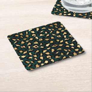 Teal and Gold Leopard Series Design 1 Square Paper Coaster