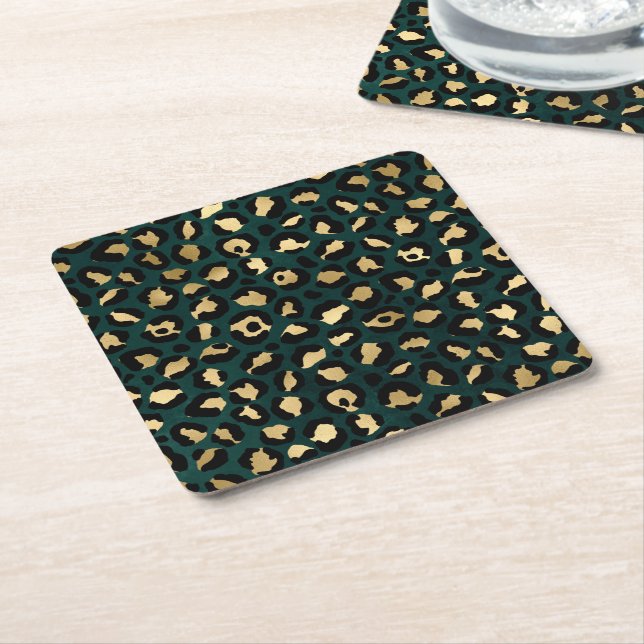 Teal and Gold Leopard Series Design 1  Square Paper Coaster (Angled)