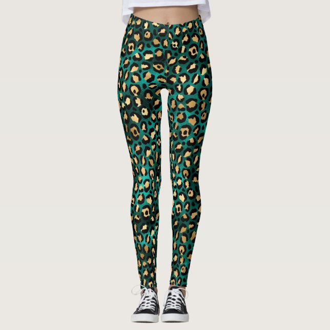 Teal and Gold Leopard Series Design 3  Leggings (Front)