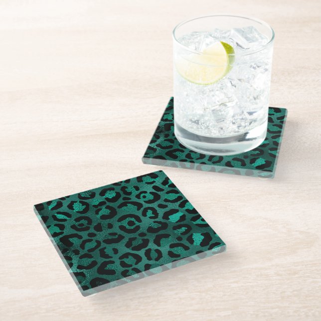 Teal and Gold Leopard Series Design 5  Glass Coaster (Angled)