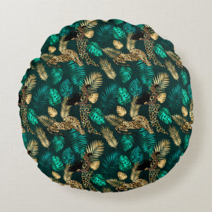 Teal and Gold Leopard Series Design 7 Round Cushion