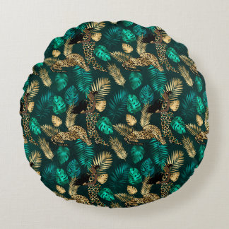 Teal and Gold Leopard Series Design 7 Round Cushion