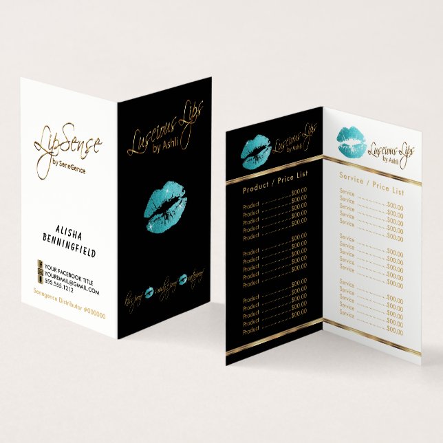 Teal and Gold Lip Price and Service List Business Card (Inside and Outside)