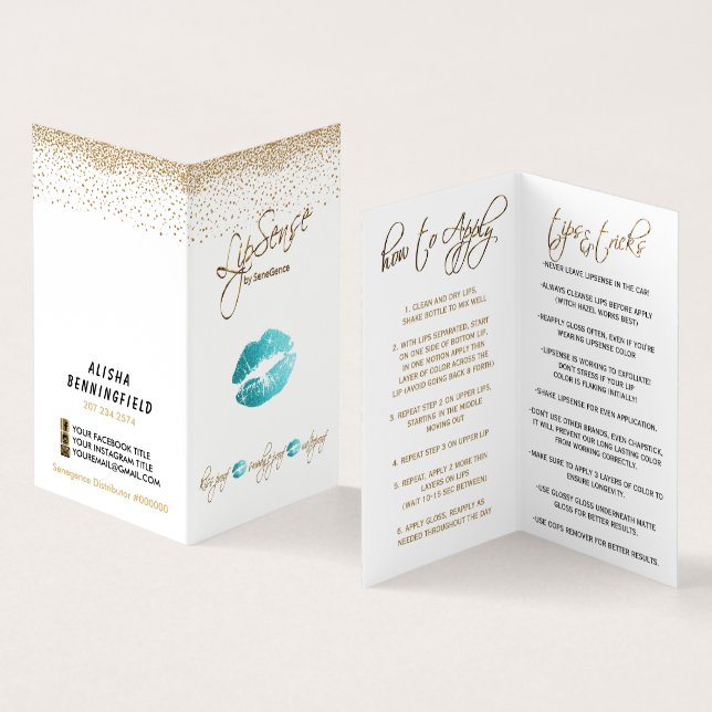 Teal and Gold Lipsense Instructions Business Card (Inside and Outside)