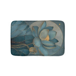 Teal and Gold Lotus Flower Geometric Line Art Zen Bath Mat
