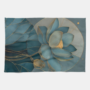 Teal and Gold Lotus Flower Geometric Line Art Zen Tea Towel