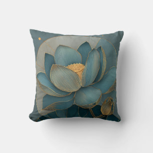 Teal and Gold Lotus Flower Geometric Line Cushion