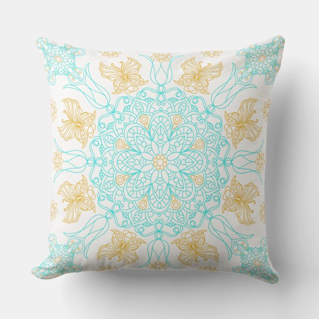 Teal and Gold Mandala with Butterfly Cushion (Front)