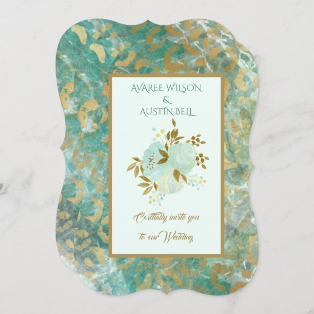 Teal and Gold Marble Wedding Invitation (Front/Back)