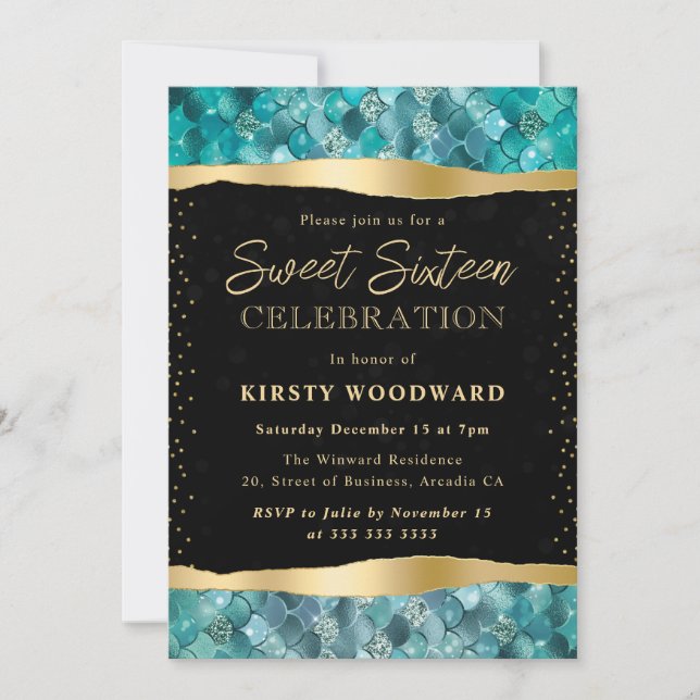Teal and Gold Mermaid Scales Sweet 16 Invitation (Front)
