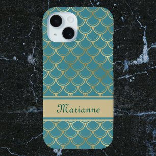 Teal and Gold Mermaid Scales with Monogram Name iPhone 15 Case
