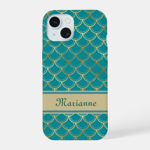 Teal and Gold Mermaid Scales with Monogram Name iPhone 15 Case