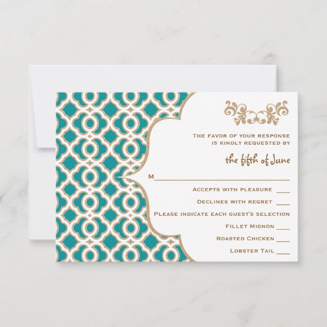 Teal and Gold Moroccan Wedding Response Cards (Front)
