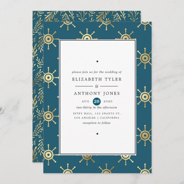 Teal and Gold Nautical Wedding Invitation (Front/Back)