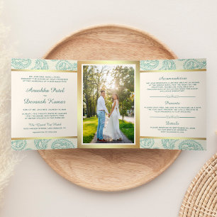 Teal and Gold Paisley Indian Style Wedding Photo Tri-Fold Invitation