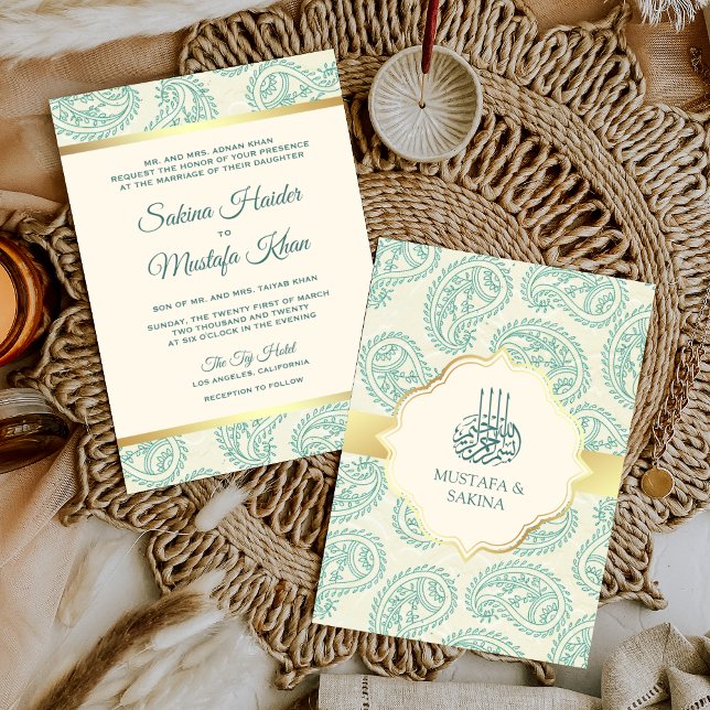 Teal and Gold Paisley Islamic Muslim Wedding Invitation (Creator Uploaded)