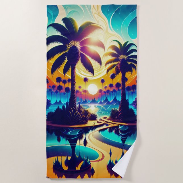 Teal And Gold Palm Trees Beach Towel (Front)