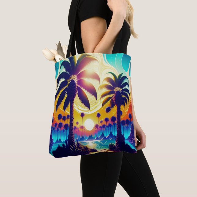 Teal And Gold Palm Trees Tote Bag (Close Up)