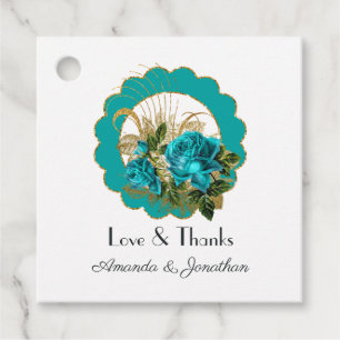 Teal and Gold Paris Art Deco Roses Wedding Favour Tags