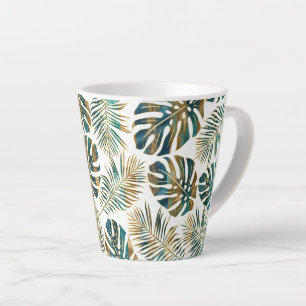 Teal and gold patterned tropical leaves latte mug