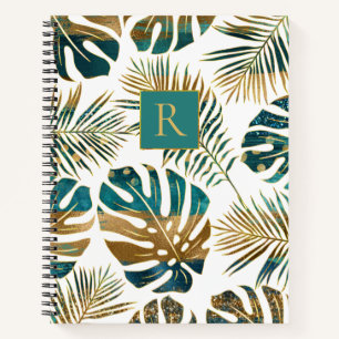 Teal and gold patterned tropical leaves, monogram notebook