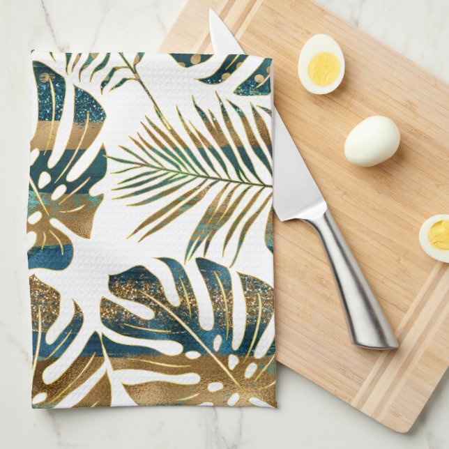 Teal and gold patterned tropical leaves tea towel (Quarter Fold)