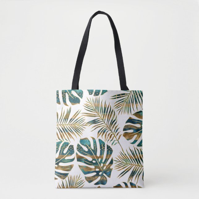 Teal and gold patterned tropical leaves tote bag (Front)