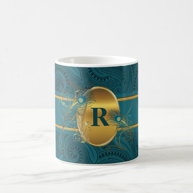 Teal and Gold Peacock Monogram Coffee Mug (Center)
