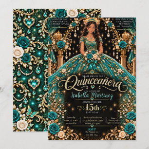 Teal and Gold Quinceañera Celebration Invitation