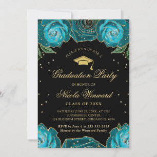 Teal and Gold Roses Border Floral Graduation Invitation