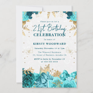 Teal and Gold Roses Floral 21st birthday Invitation